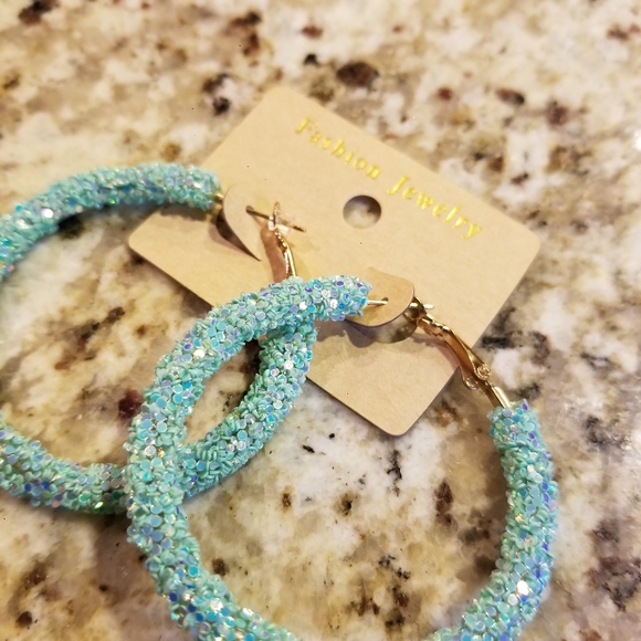 Teal Turquoise Big Circle Hoop Glitter Earring NWT - Picture 2 of 8